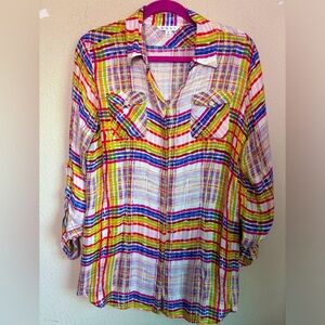 CAbi Cirque Rainbow Multicolor Soft Button Down Roll Tab Sleeve Tunic Blouse M